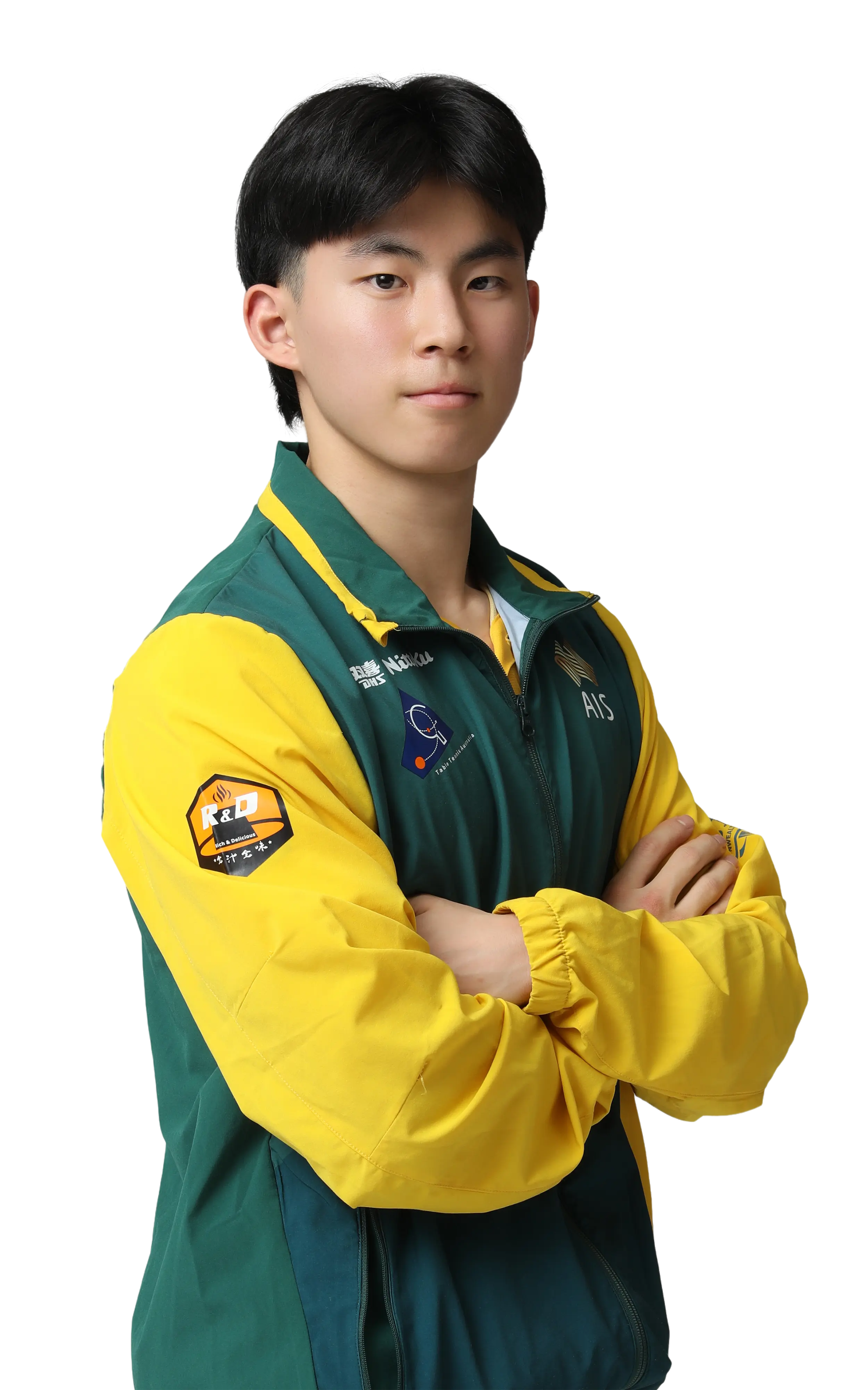 Studio portrait of Hwan Bae in the Australian national table tennis kit